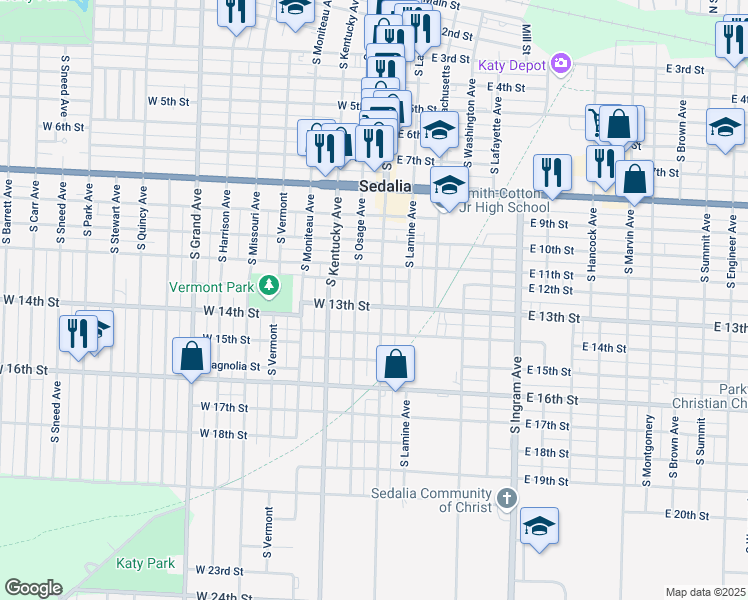 map of restaurants, bars, coffee shops, grocery stores, and more near in Sedalia