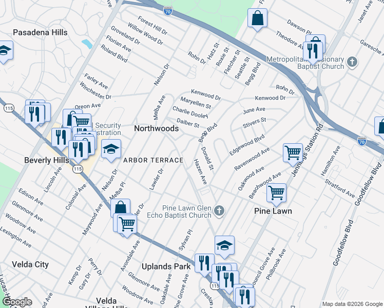 map of restaurants, bars, coffee shops, grocery stores, and more near 6801 Pasadena Boulevard in St. Louis