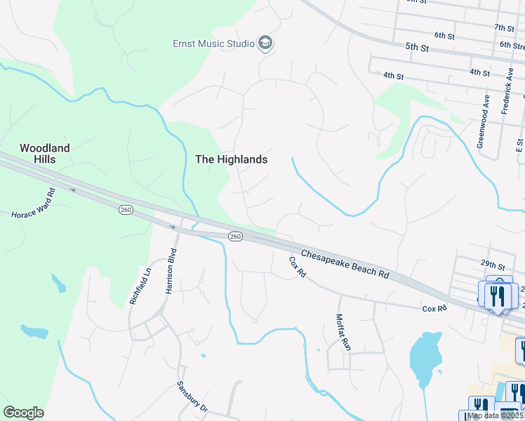 map of restaurants, bars, coffee shops, grocery stores, and more near 2905 Galway Lane in Chesapeake Beach