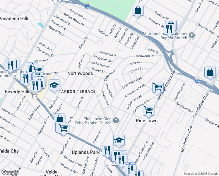 map of restaurants, bars, coffee shops, grocery stores, and more near 6618 Donald Street in St. Louis