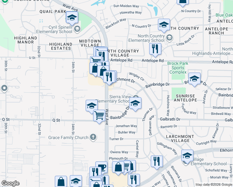 map of restaurants, bars, coffee shops, grocery stores, and more near 7350 Watt Avenue in North Highlands