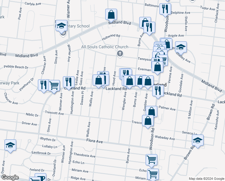 map of restaurants, bars, coffee shops, grocery stores, and more near 2341 Hood Avenue in Overland
