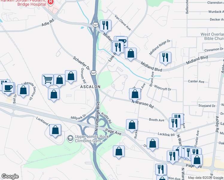 map of restaurants, bars, coffee shops, grocery stores, and more near 2339 Sandra Sue Drive in St. Louis