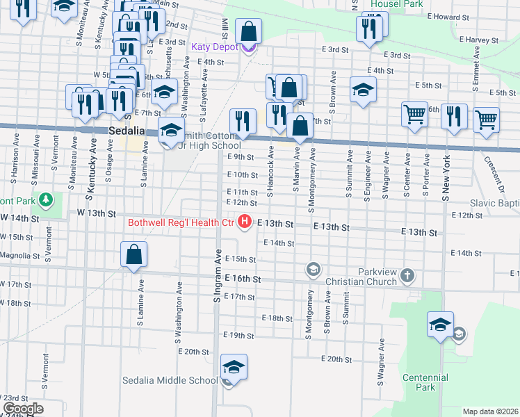 map of restaurants, bars, coffee shops, grocery stores, and more near 645 East 13th Street in Sedalia