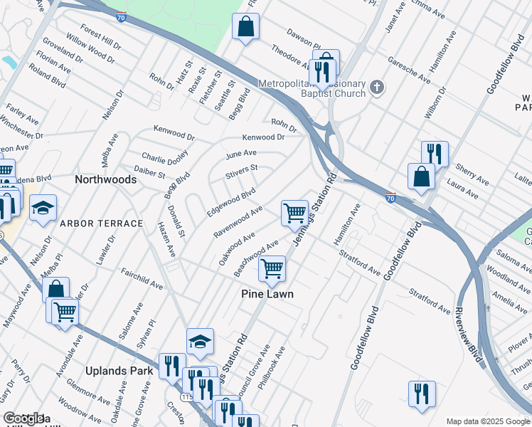 map of restaurants, bars, coffee shops, grocery stores, and more near 6858 Stratford Avenue in St. Louis