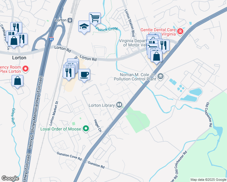 map of restaurants, bars, coffee shops, grocery stores, and more near 9539 Shepherd Hills Drive in Lorton