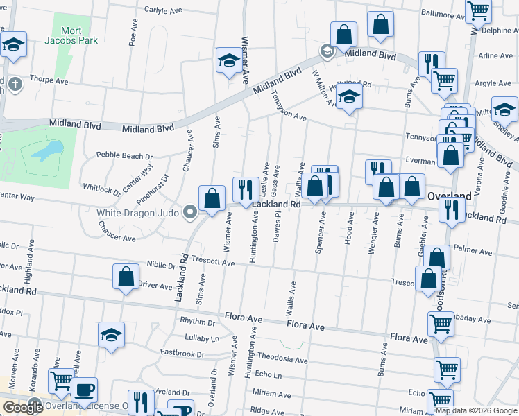 map of restaurants, bars, coffee shops, grocery stores, and more near 2361 Dawes Place in Overland