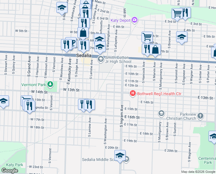 map of restaurants, bars, coffee shops, grocery stores, and more near 1301-1349 South Washington Avenue in Sedalia