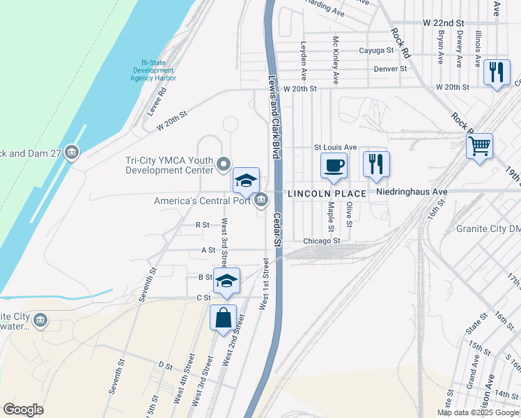 map of restaurants, bars, coffee shops, grocery stores, and more near 1635 West 1st Street in Granite City