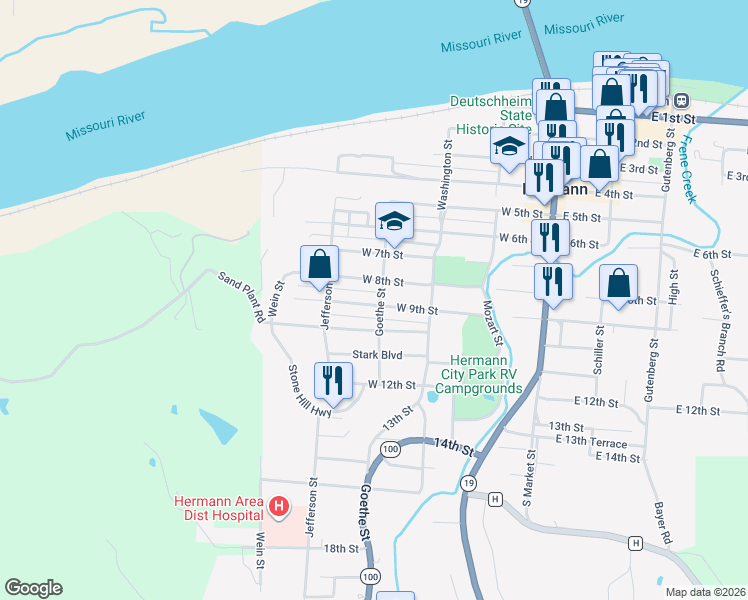 map of restaurants, bars, coffee shops, grocery stores, and more near 417 West 10th Street in Hermann