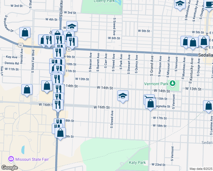 map of restaurants, bars, coffee shops, grocery stores, and more near 1321 South Carr Avenue in Sedalia
