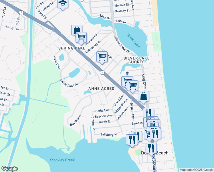 map of restaurants, bars, coffee shops, grocery stores, and more near 2 Gateway in Rehoboth Beach