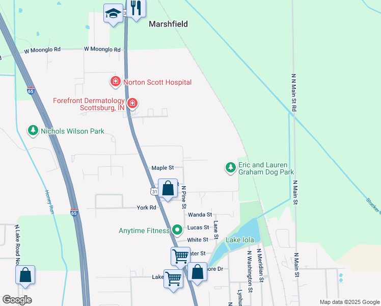 map of restaurants, bars, coffee shops, grocery stores, and more near 710 Maple Street in Scottsburg