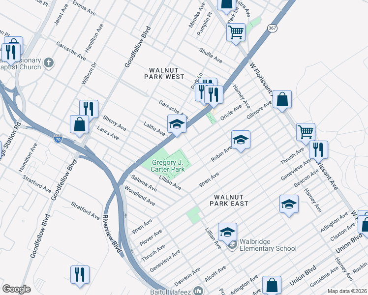 map of restaurants, bars, coffee shops, grocery stores, and more near 5123 Gilmore Avenue in St. Louis