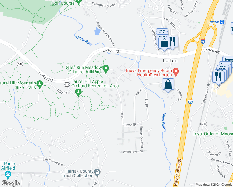 map of restaurants, bars, coffee shops, grocery stores, and more near 8429 Chaucer House Court in Lorton