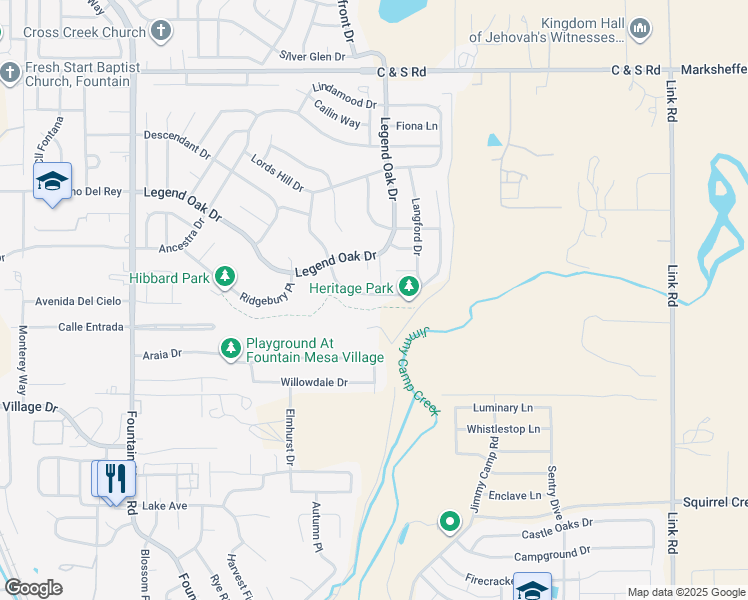 map of restaurants, bars, coffee shops, grocery stores, and more near 750 Winebrook Way in Fountain
