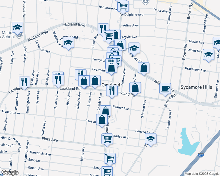 map of restaurants, bars, coffee shops, grocery stores, and more near in Overland