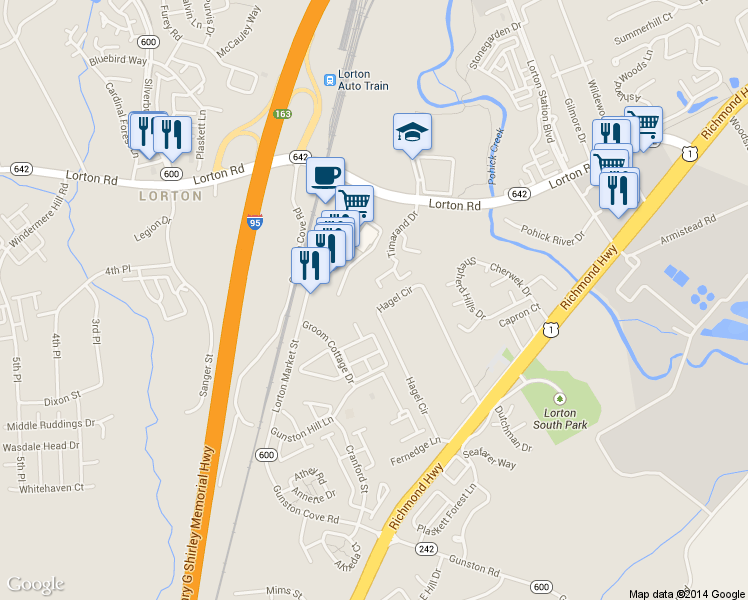 map of restaurants, bars, coffee shops, grocery stores, and more near 9570 Inverary Court in Lorton