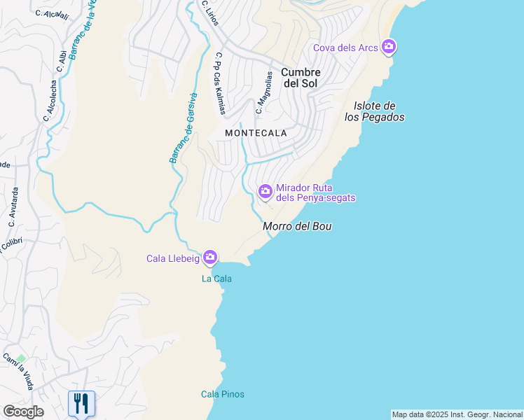 map of restaurants, bars, coffee shops, grocery stores, and more near 92 Calle Palmeras in Benitachell