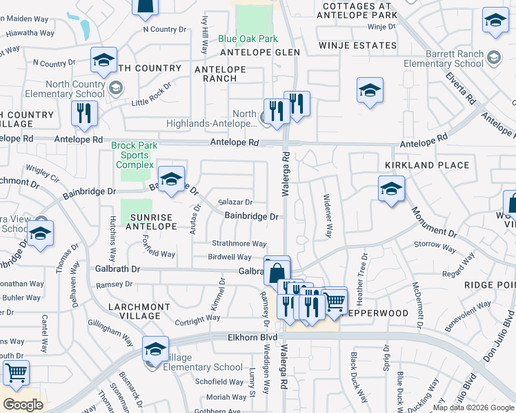 map of restaurants, bars, coffee shops, grocery stores, and more near 4266 Worthington Drive in North Highlands