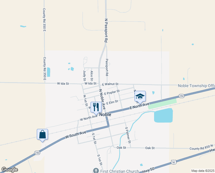 map of restaurants, bars, coffee shops, grocery stores, and more near 129 East Walnut Street in Noble