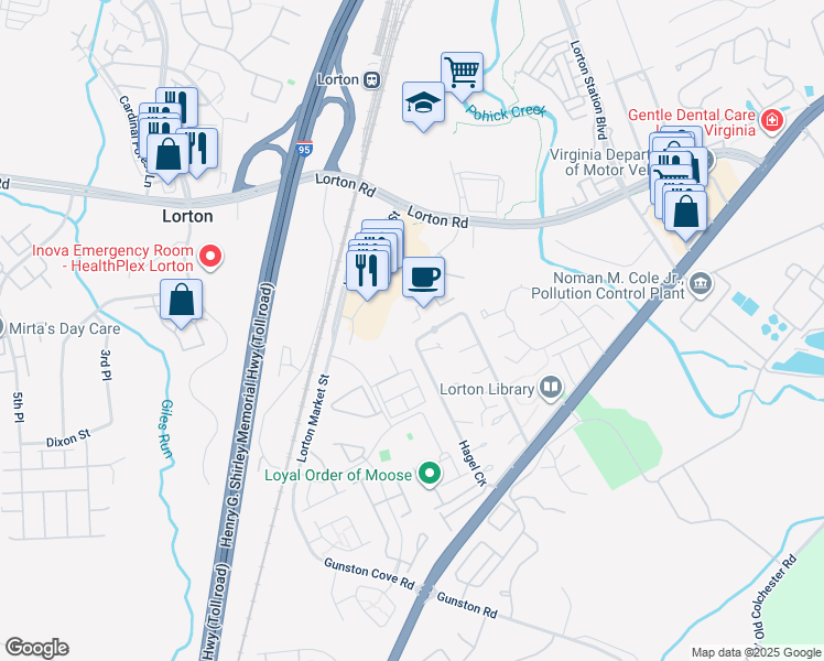 map of restaurants, bars, coffee shops, grocery stores, and more near 9570 Inverary Court in Lorton