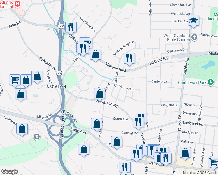 map of restaurants, bars, coffee shops, grocery stores, and more near 10920 Waycroff Drive in St. Louis