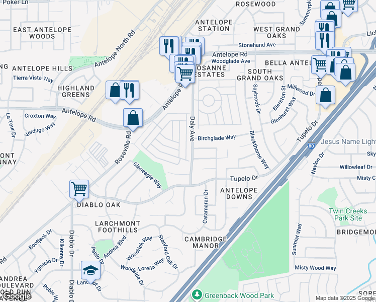 map of restaurants, bars, coffee shops, grocery stores, and more near 5900 Birchglade Way in Citrus Heights