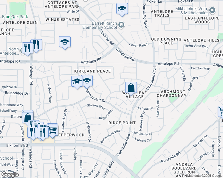 map of restaurants, bars, coffee shops, grocery stores, and more near 4815 Acclaim Court in Sacramento