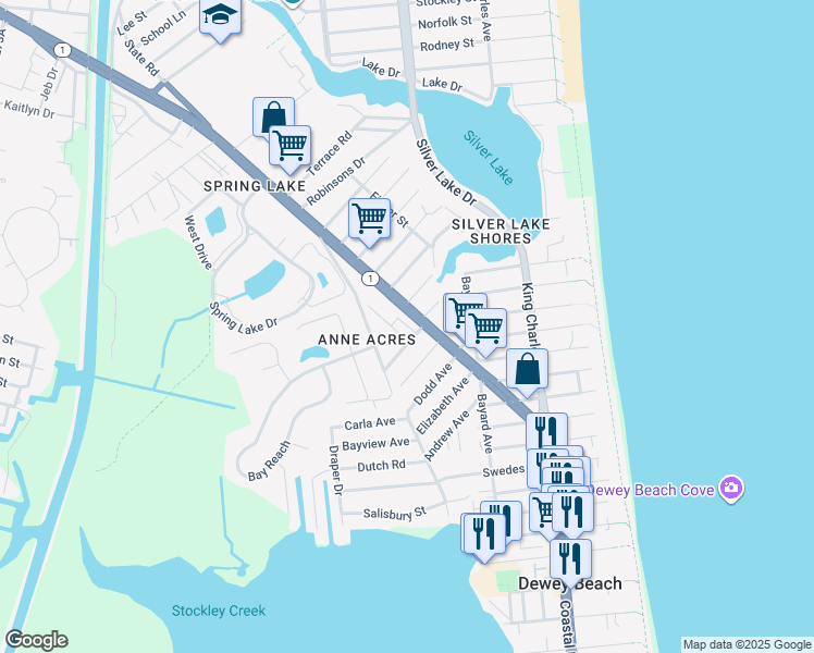 map of restaurants, bars, coffee shops, grocery stores, and more near 38399 George Street in Rehoboth Beach