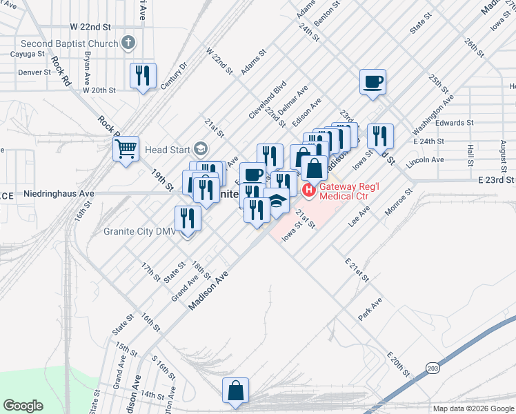 map of restaurants, bars, coffee shops, grocery stores, and more near 1410 Niedringhaus Avenue in Granite City