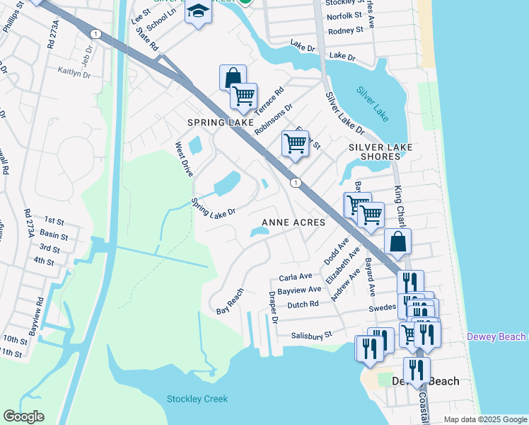 map of restaurants, bars, coffee shops, grocery stores, and more near 4 Manor Drive in Rehoboth Beach