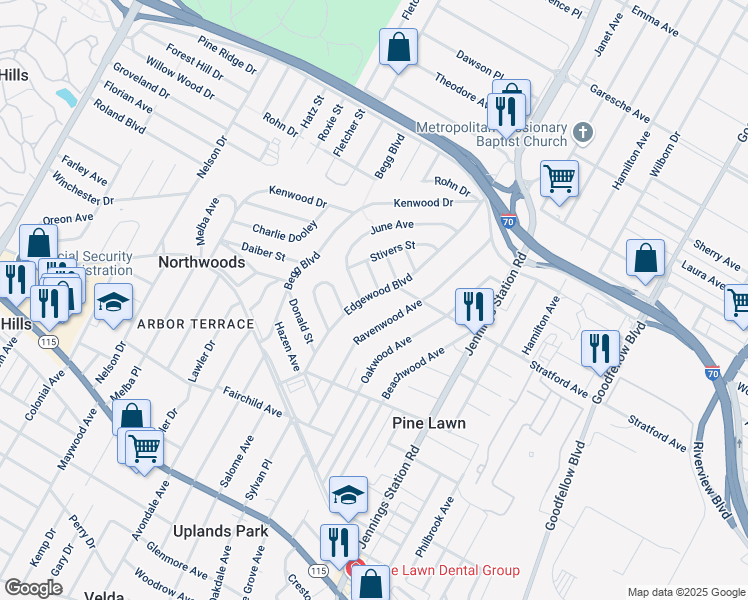 map of restaurants, bars, coffee shops, grocery stores, and more near 4320 Edgewood Boulevard in St. Louis