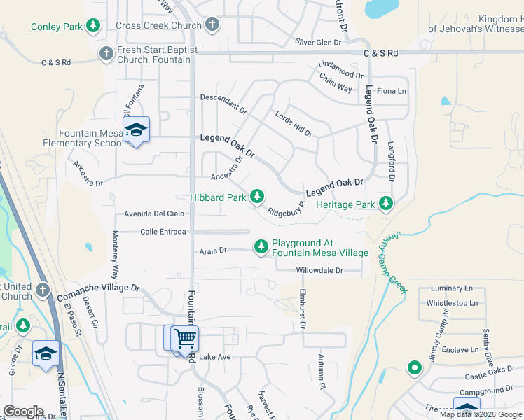 map of restaurants, bars, coffee shops, grocery stores, and more near 780 Ridgebury Place in Fountain
