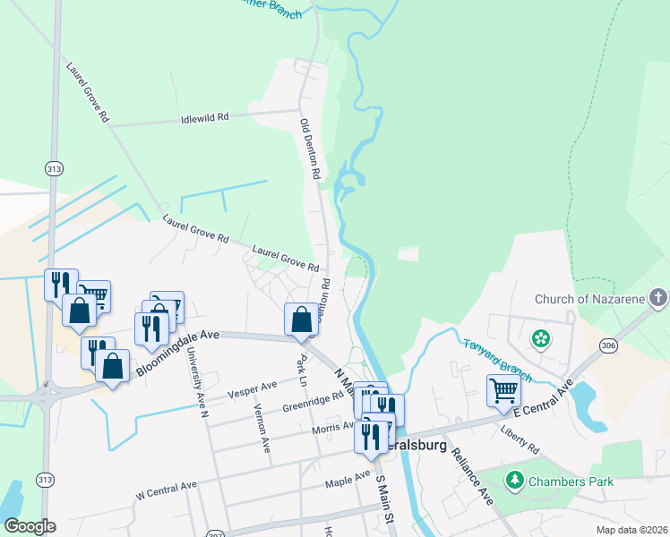 map of restaurants, bars, coffee shops, grocery stores, and more near 321 Denton Road in Federalsburg