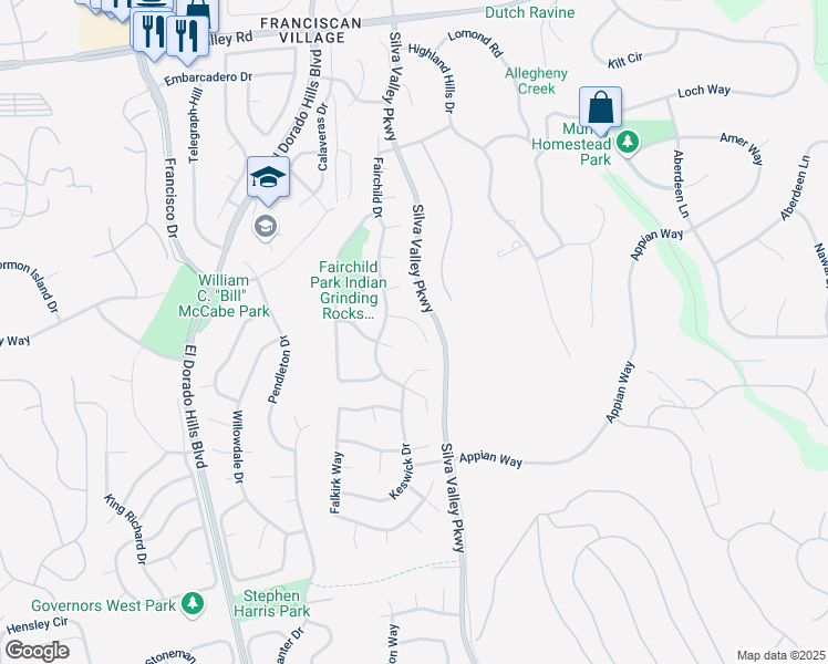 map of restaurants, bars, coffee shops, grocery stores, and more near 2227 Rookery Place in El Dorado Hills