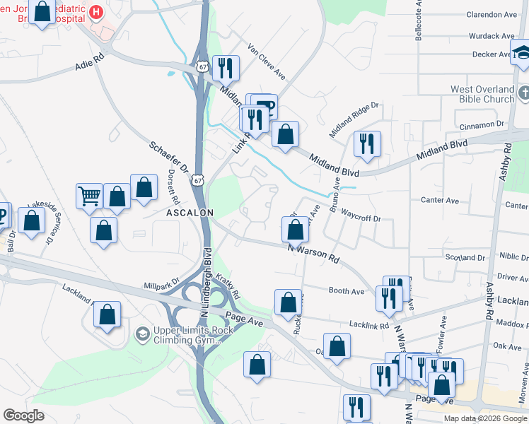 map of restaurants, bars, coffee shops, grocery stores, and more near 2369 Sandra Sue Drive in St. Louis