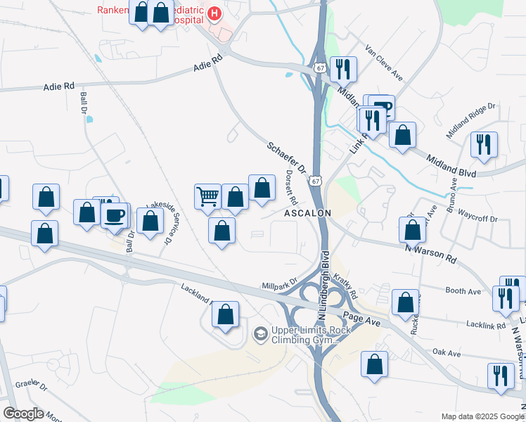 map of restaurants, bars, coffee shops, grocery stores, and more near 11147 Dorsett Road in Maryland Heights