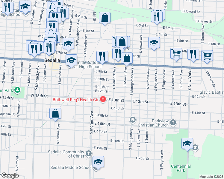 map of restaurants, bars, coffee shops, grocery stores, and more near 641 East 11th Street in Sedalia