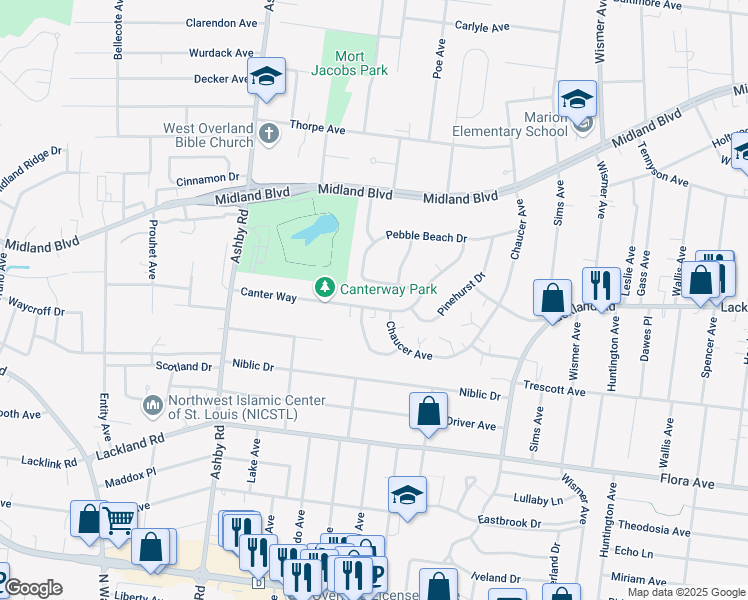 map of restaurants, bars, coffee shops, grocery stores, and more near 10212 Whitlock Drive in Overland