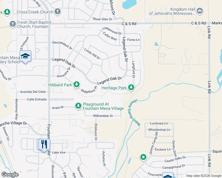 map of restaurants, bars, coffee shops, grocery stores, and more near 865 Winebrook Way in Fountain