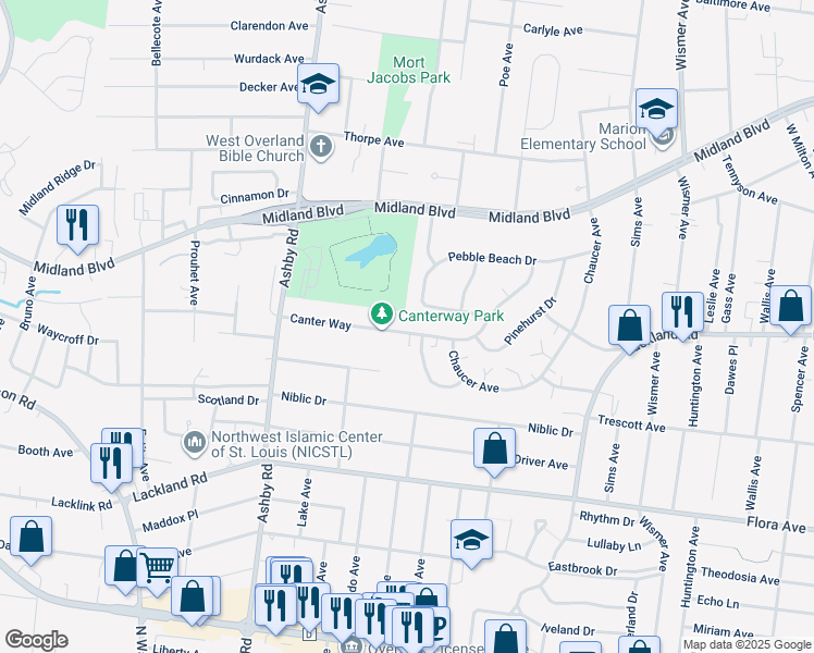 map of restaurants, bars, coffee shops, grocery stores, and more near 10275 Canter Way in Overland