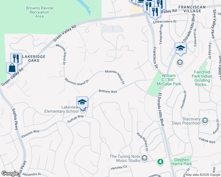 map of restaurants, bars, coffee shops, grocery stores, and more near 3121 Lady Marci Court in El Dorado Hills
