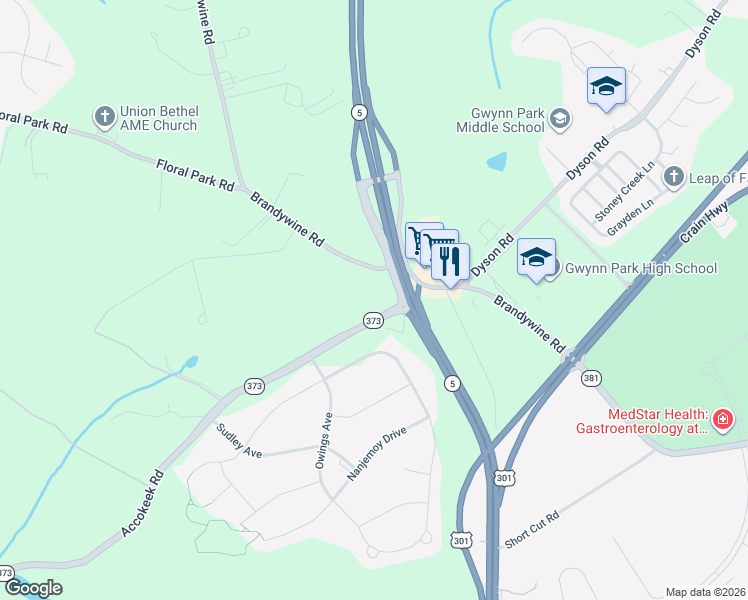 map of restaurants, bars, coffee shops, grocery stores, and more near 13701-13765 Branch Ave in Brandywine