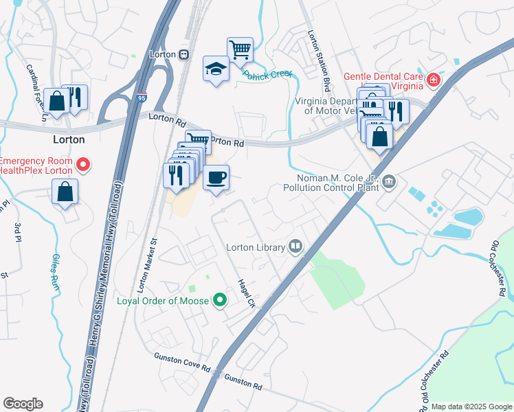 map of restaurants, bars, coffee shops, grocery stores, and more near 7815 Lambkin Court in Lorton