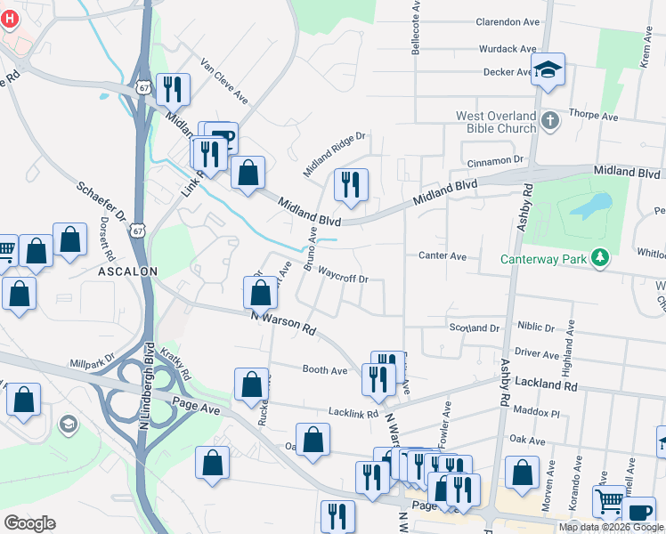 map of restaurants, bars, coffee shops, grocery stores, and more near 2429 Fayview Drive in St. Louis