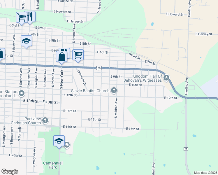 map of restaurants, bars, coffee shops, grocery stores, and more near South Garfield Avenue in Sedalia