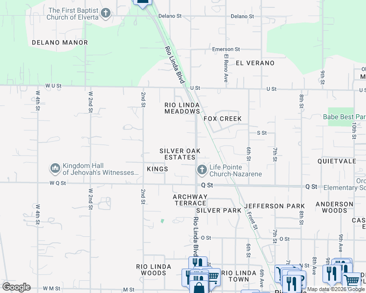 map of restaurants, bars, coffee shops, grocery stores, and more near 7341 Silver View Way in Rio Linda