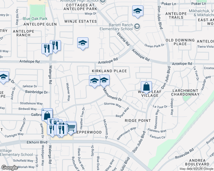 map of restaurants, bars, coffee shops, grocery stores, and more near 4712 Suffex Court in Sacramento