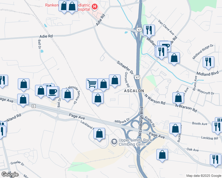 map of restaurants, bars, coffee shops, grocery stores, and more near 21 Millpark Court in Maryland Heights